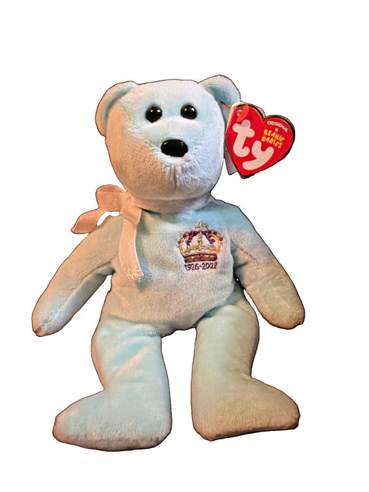TY Beanie Baby Queen Elizabeth II 1926-2022 - 8.5" Light Blue Bear