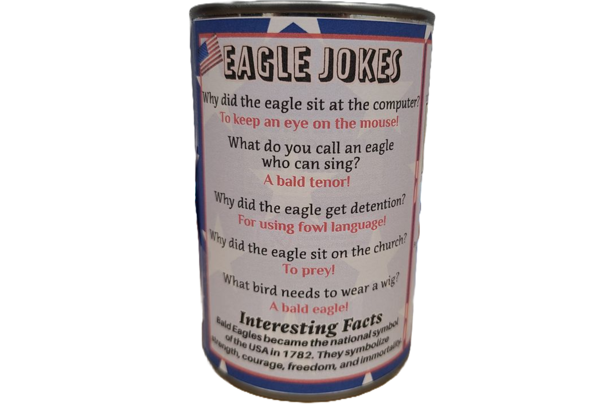 Canned Bald Eagle w/Jokes Plush Patriotic American Flag USA
