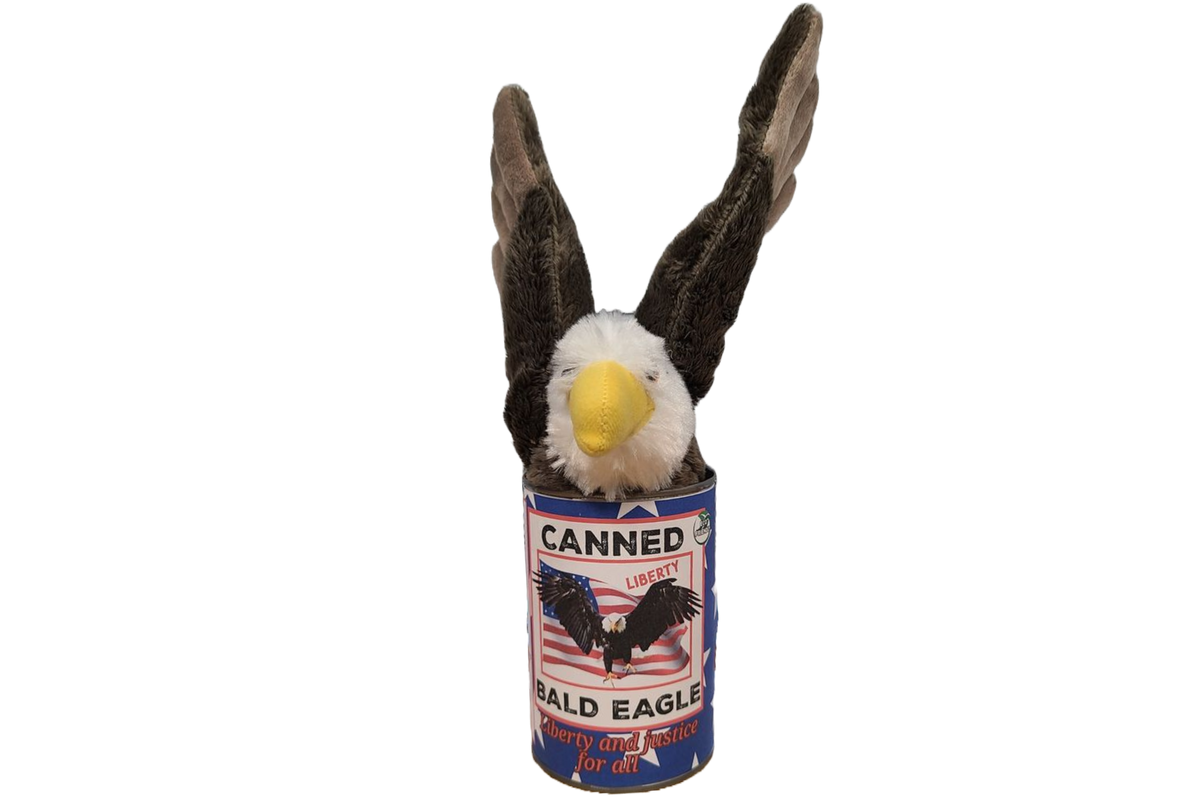 Canned Bald Eagle w/Jokes Plush Patriotic American Flag USA