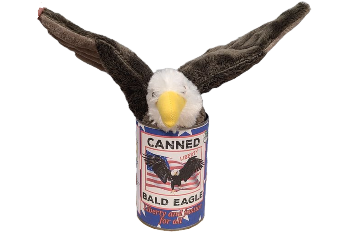 Canned Bald Eagle w/Jokes Plush Patriotic American Flag USA