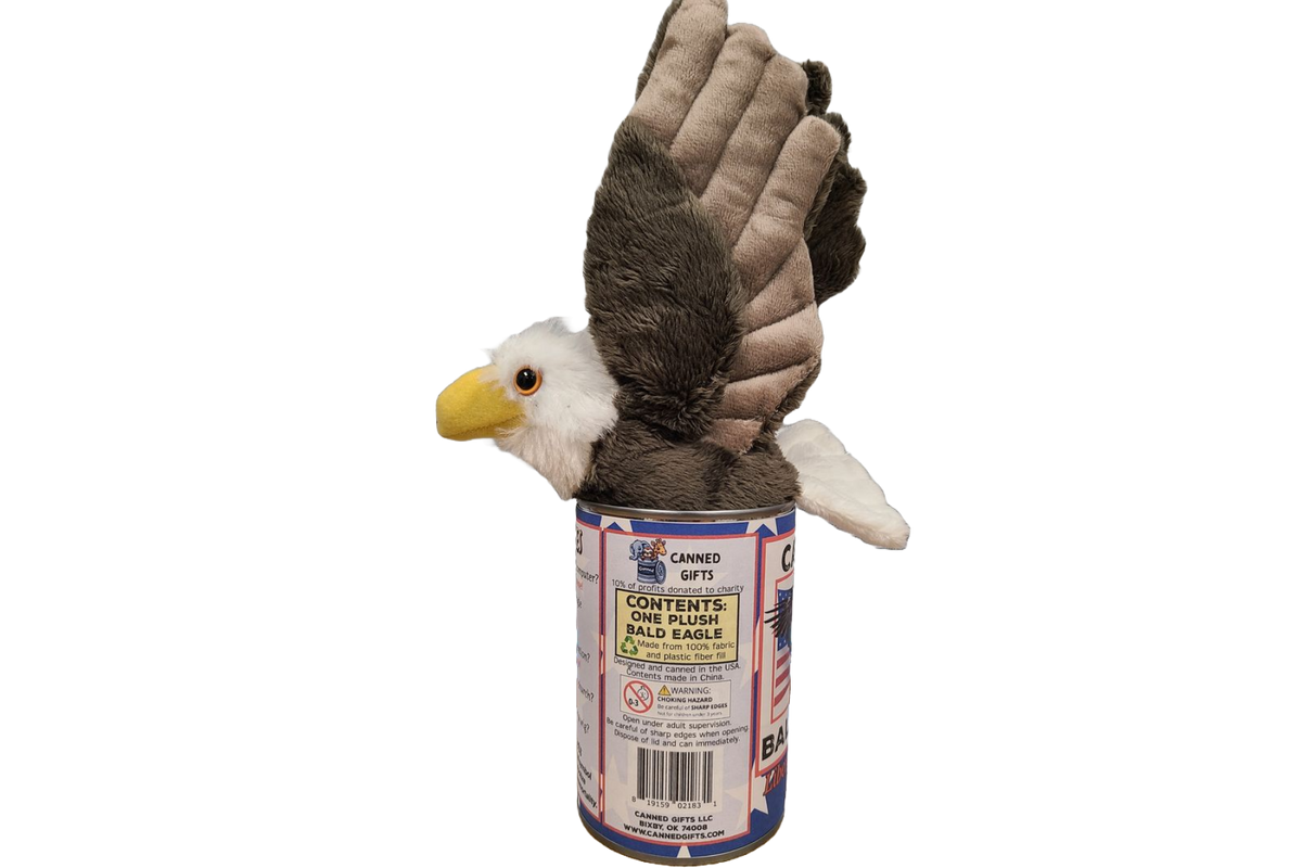 Canned Bald Eagle w/Jokes Plush Patriotic American Flag USA