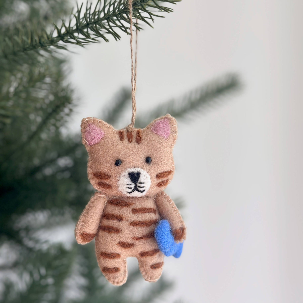 Flat Cat Holding Fish Ornament