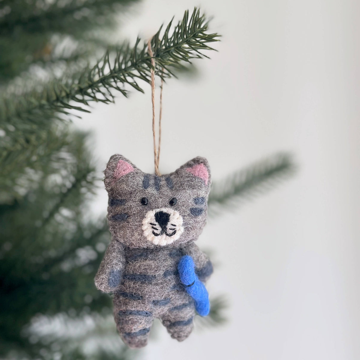 Flat Cat Holding Fish Ornament