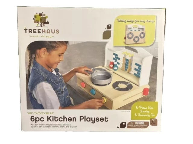 Treehaus Wood Shoppe 6pc Wooden Kitchen Playset - Stovetop & 8 Accessories