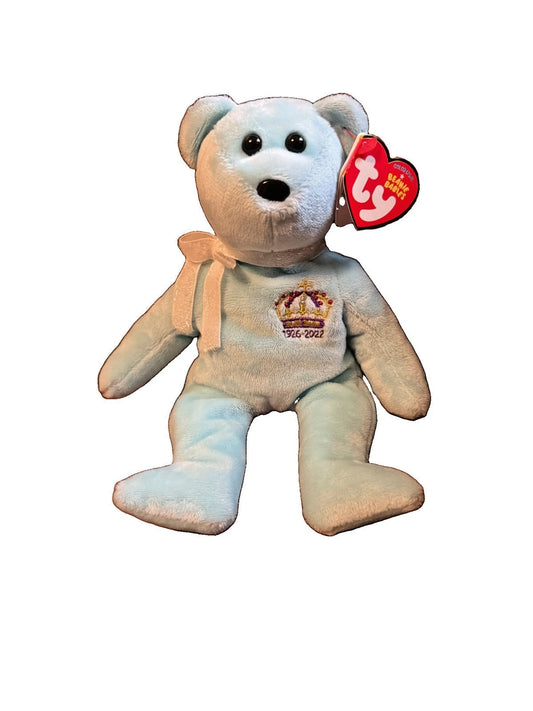 TY Beanie Baby Queen Elizabeth II 1926-2022 - 8.5" Light Blue Bear