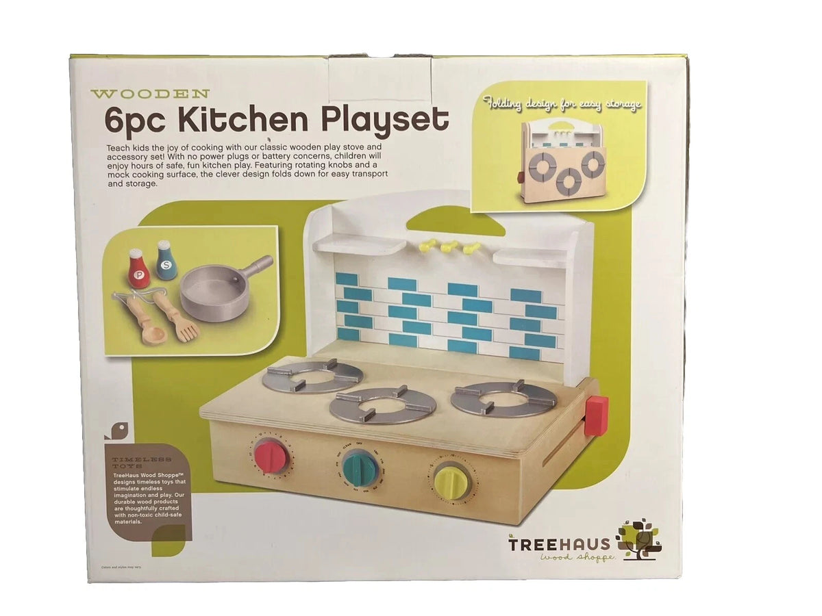 Treehaus Wood Shoppe 6pc Wooden Kitchen Playset - Stovetop & 8 Accessories
